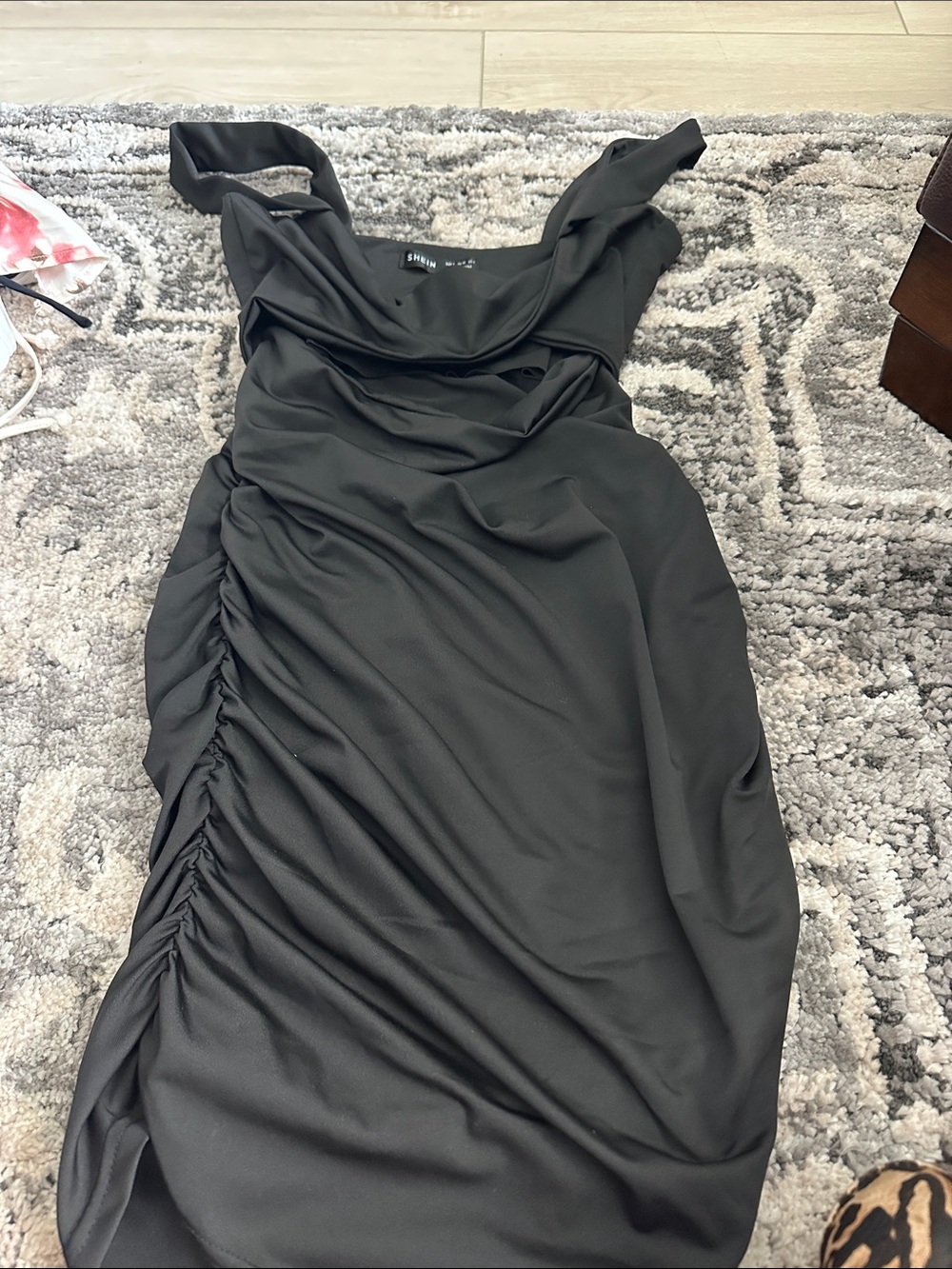 SHEIN Black Draped Ruched Midi Dress